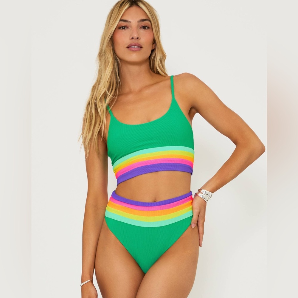 Beach Riot Green and Rainbow Stripe Swim Set